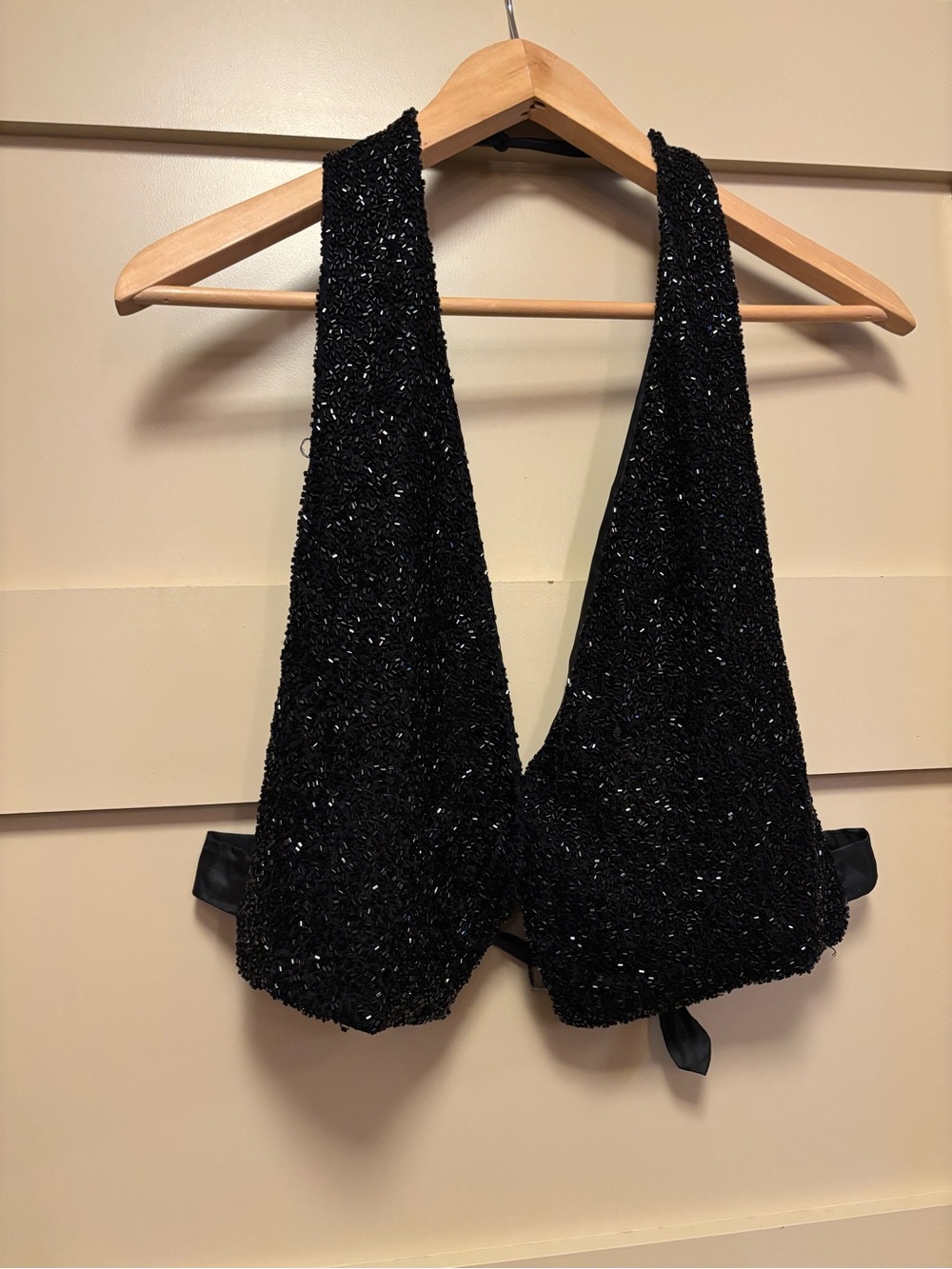 MANGO Beaded Deep Plunge Halter Backless Top Waistcoat Vest Embellished